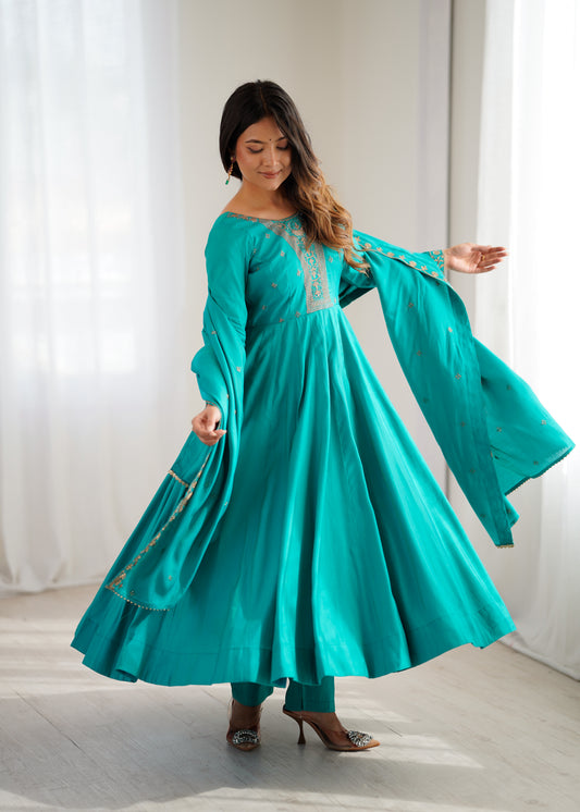 Pure Roman Shimmer Chanderi Silk 16-Kali 4-Meter Flared Anarkali Set with Handwork Beads Yoke, Pant & Embroidered Dupatta