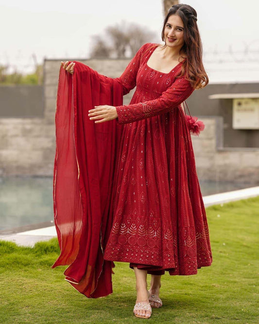 Maroon Embroidered Georgette Suit Set