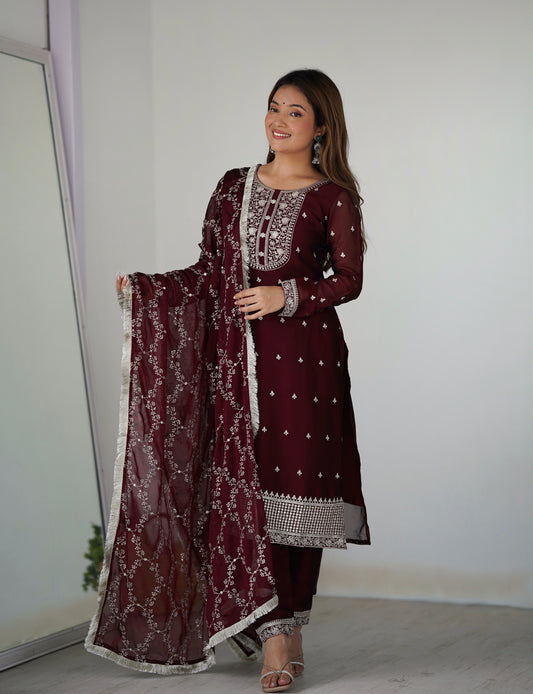 Pure Blooming Rangoli Silk Straight-Fit Sequins & Thread Embroidered Kurta Set with Trousers & Dupatta