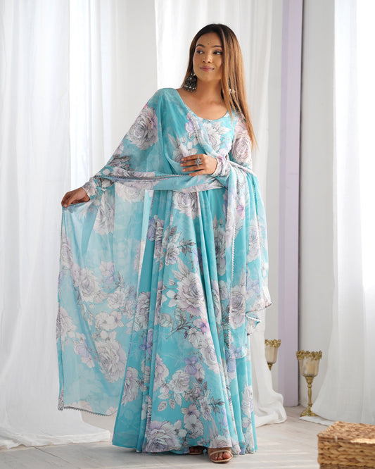 Pure Fox Georgette Floral Print 7+ Meter Flared Anarkali Gown Set with Triangle Lace Shawl Dupatta