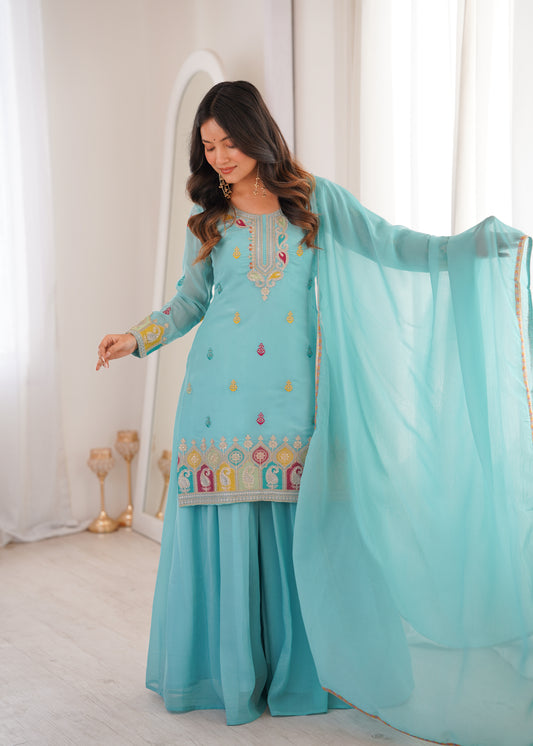 Pure Soft Crunchy Silk Sequins, Dori & Zari Embroidered Top with Flared Sharara & Multi-Colour Lace Dupatta Set