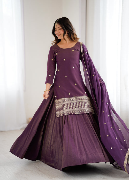 Pure Roman Shimmer Chanderi Silk Sequins & Dori Embroidered Kurta with 4-Meter Flared Lehenga & Organza Dupatta Set