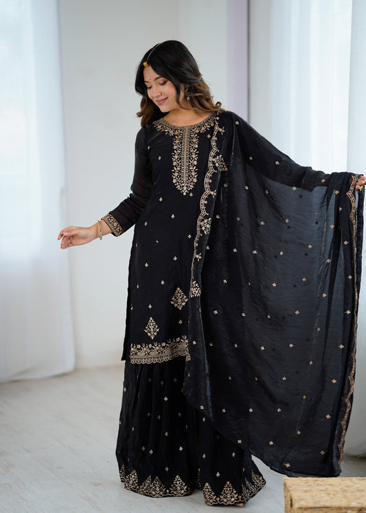 Pure Soft Crunchy Silk Sequins & Zari Embroidered Kediya Kurta with Flared Sharara & Dupatta Set