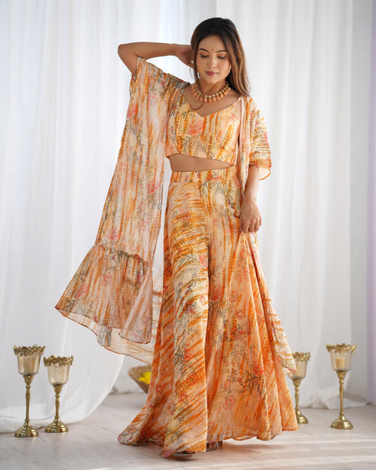 Pure Soft Fox Georgette Floral Print 3-Piece Indo Western Set with Gathered Shrug, Crop Top Blouse & Palazzo Pant