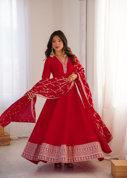 Pure Blooming Vichitra Silk Flared Anarkali Gown Set with Dori Sequins Embroidery & Tasseled Shawl Dupatta