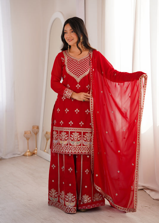 Pure Fox Georgette Dori, Zari & Sequins Embroidered Top with Flared Sharara & Dupatta Set