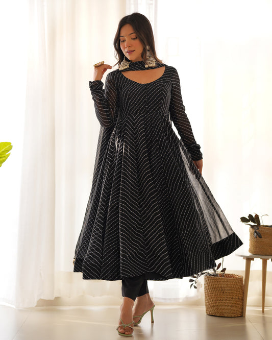 Pure Fox Georgette Laheriya Print 4-Meter Flared Anarkali Set with Potli Buttons, Pant & Shawl Dupatta