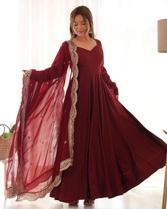 Pure Roman Silk Chanderi 16-Kali 5.5-Meter Flared Anarkali Set with Cutwork Sequins Georgette Dupatta & Pant