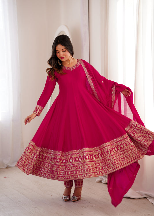Pure Blooming Vichitra Silk Flared Anarkali Set with Dori Sequins Embroidery, Bottom Lace Pant & Shawl Dupatta