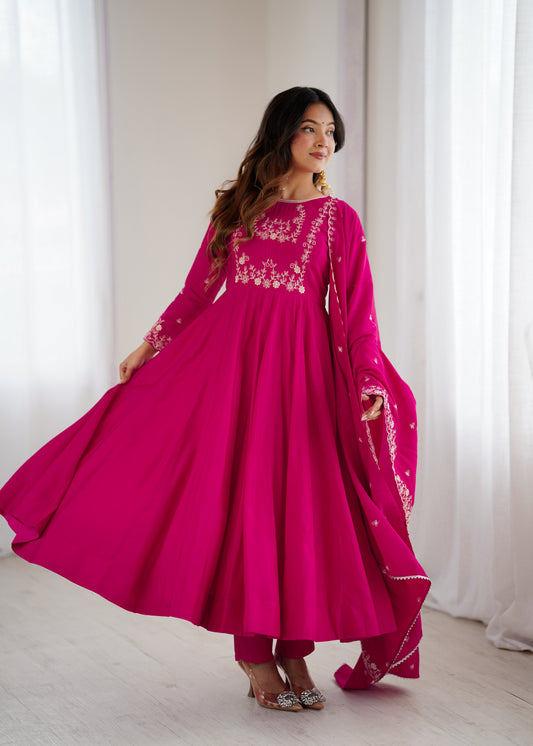 Pure Roman Chanderi Silk 16-Kali 4-Meter Flared Anarkali Set with Handwork Beads Yoke, Pant & Embroidered Dupatta