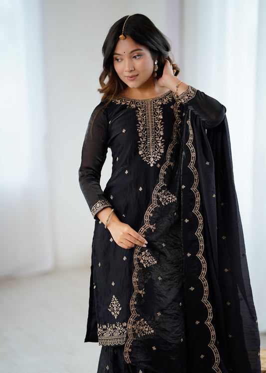 Pure Soft Crunchy Silk Sequins & Zari Embroidered Kediya Kurta with Flared Sharara & Dupatta Set