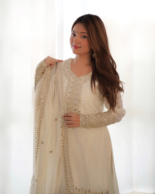 Pure Chinon Silk Straight-Fit Yoke Embroidered Sequins & Zari Work Kurta Set with Trousers & Dupatta