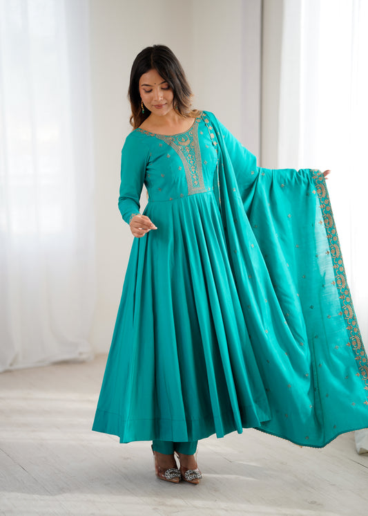 Pure Roman Shimmer Chanderi Silk 16-Kali 4-Meter Flared Anarkali Set with Handwork Beads Yoke, Pant & Embroidered Dupatta