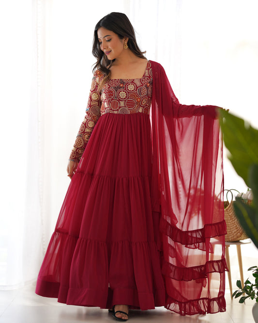 Pure Soft Fox Georgette 9-Needle Thread Embroidered 8+ Meter Flared Anarkali Set with Ruffle Dupatta & Pant