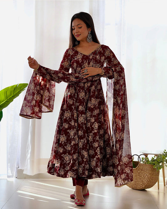 Dark Maroon Color Georgette Three Piece Anarkali Suit