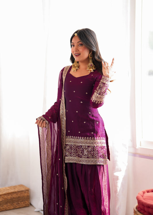 FENDY SILK FABRIC WITH EMBROIDERY SEQUENCE AND JARI WORK TOP,DUPATTA SET WITH FARSHI SHALWAR