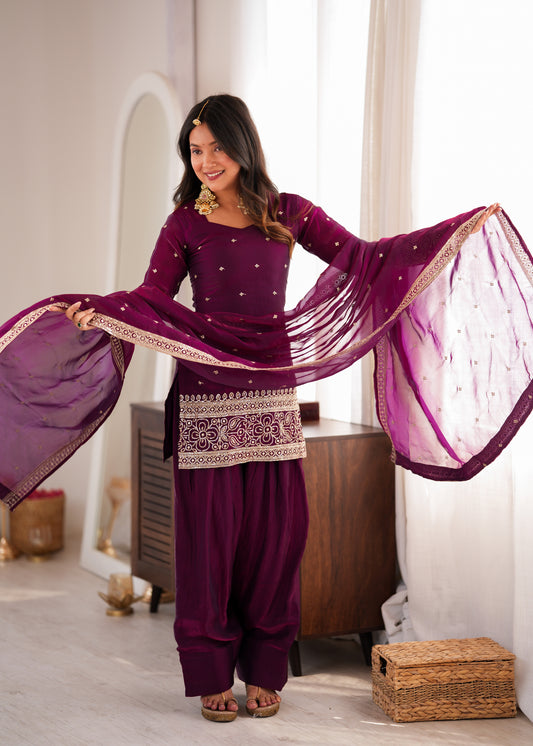 FENDY SILK FABRIC WITH EMBROIDERY SEQUENCE AND JARI WORK TOP,DUPATTA SET WITH FARSHI SHALWAR
