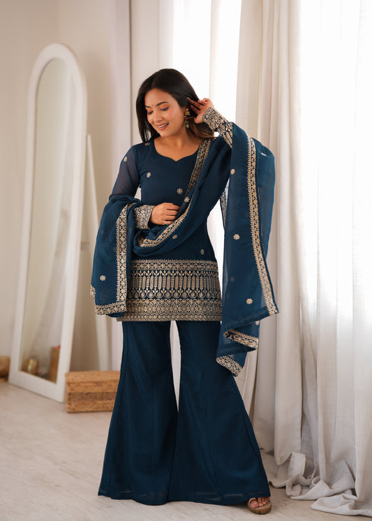 CRUNCHY SILK FABRIC WITH EMBROIDERY SEQUENCE AND JARI WORK,TOP WITH DUPPTA SET,BELL BOTTOM PENT