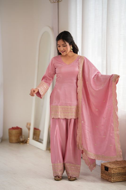 GLASS ROMAN SILK FABRIC WITH EMBROIDERY SEQUENCE DORI AND JARI WORK TOP,DUPPTA SET WITH FARSHI SHALWAR