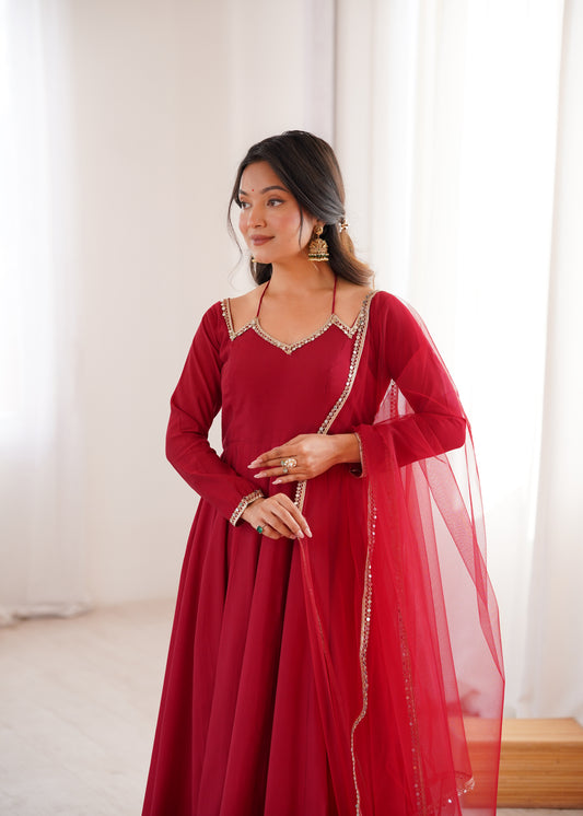 Pure Roman Silk Chanderi 4+ Meter Flared Anarkali Set with Fancy Mirror Lace Net Dupatta & Pant