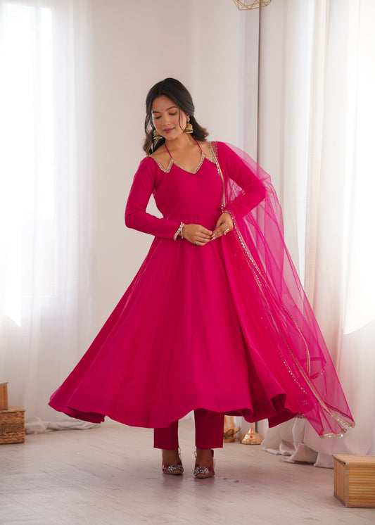 Pure Roman Silk Chanderi 4+ Meter Flared Anarkali Set with Fancy Mirror Lace Net Dupatta & Pant