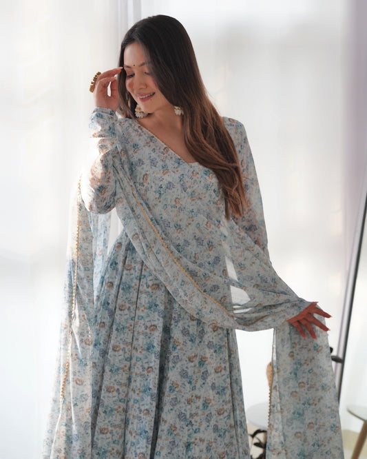 White & Sea Printed Organza Chiffon Anarkali With Pent