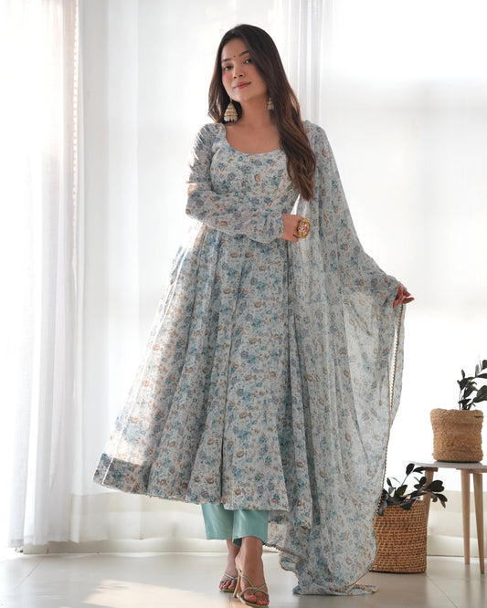 White & Sea Printed Organza Chiffon Anarkali With Pent