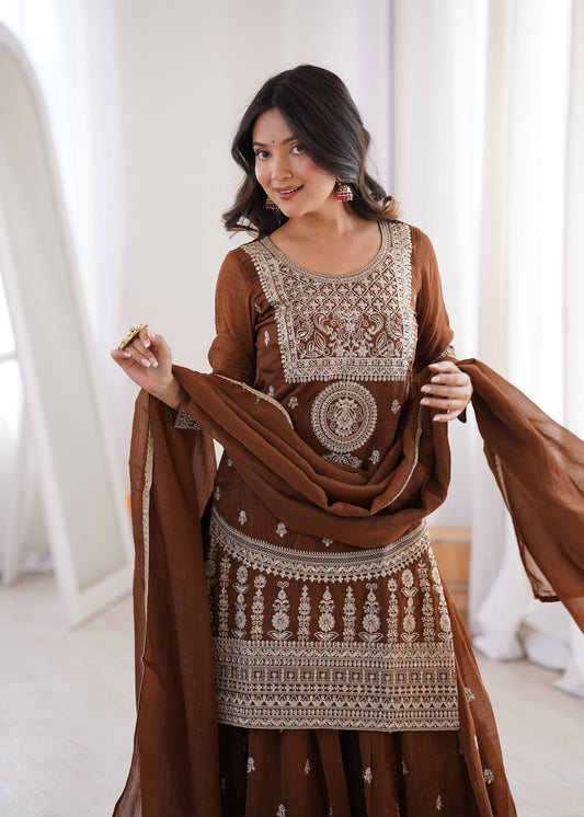 Pure Soft Crunchy Silk Dori & Zari Embroidered Top with Flared Sharara & Lace Dupatta Set