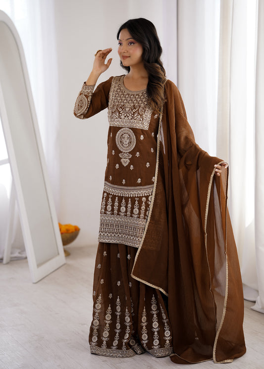 Pure Soft Crunchy Silk Dori & Zari Embroidered Top with Flared Sharara & Lace Dupatta Set