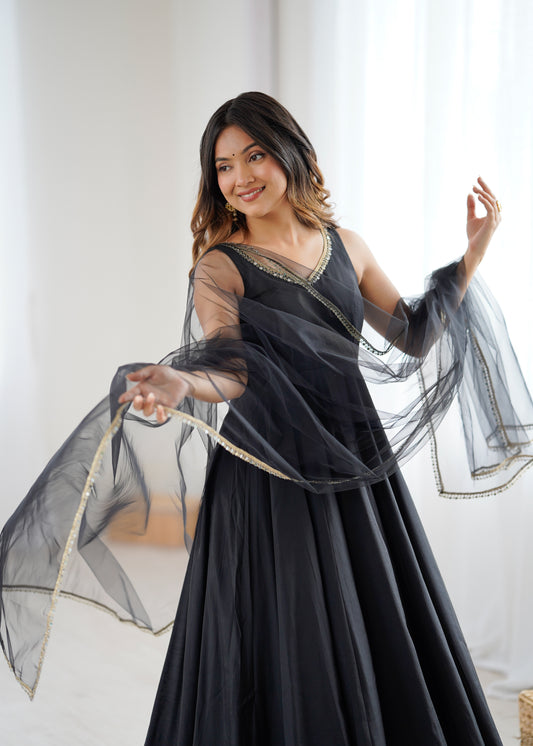 Pure Roman Silk Chanderi 4+ Meter Flared Anarkali Set with Fancy Yoke Lace, Mirror Lace Net Dupatta & Pant