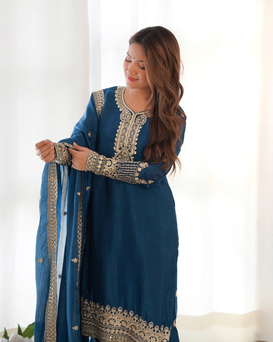 Pure Chinon Silk Straight-Fit Embroidered Sequins & Zari Work Kurta Set with Trousers & Dupatta