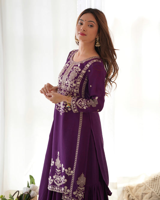 Pure Chinnon Silk Sequins & Zari Embroidered Kediya Kurta with Flared Sharara & Dupatta Set