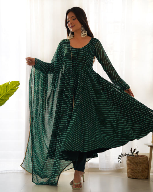 Green Color Laheriya Print Georgette Three Piece Anarkali Suit