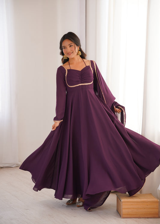 Heavy Blooming Georgette Designer Yoke 7+ Meter Flared Anarkali Gown Set with Lace Dupatta