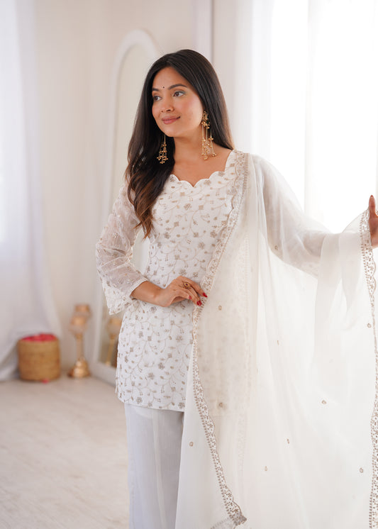 Glamorous Crunchy Silk Embroidered Bell-Bottom Suit Set with Sequence Work & Dupatta