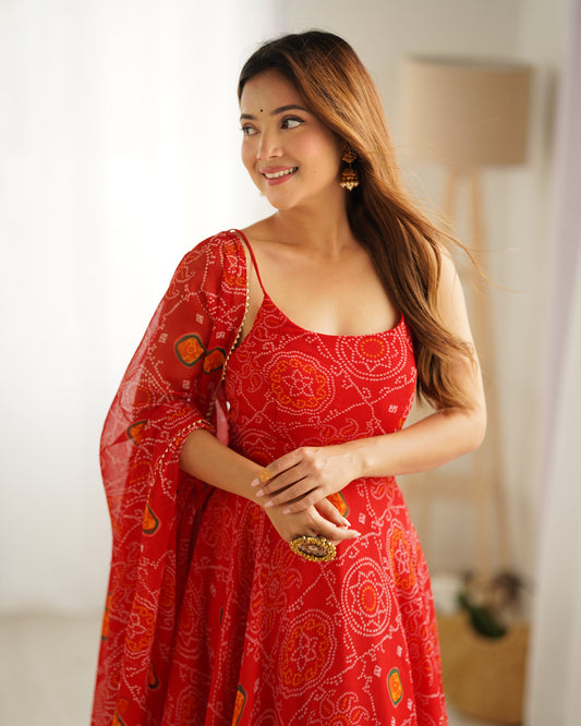 Pure Soft Lightweight Chiffon Bandhej 8-Meter Flared Anarkali Gown Set with Backless Dori Design, Dupatta & Pant