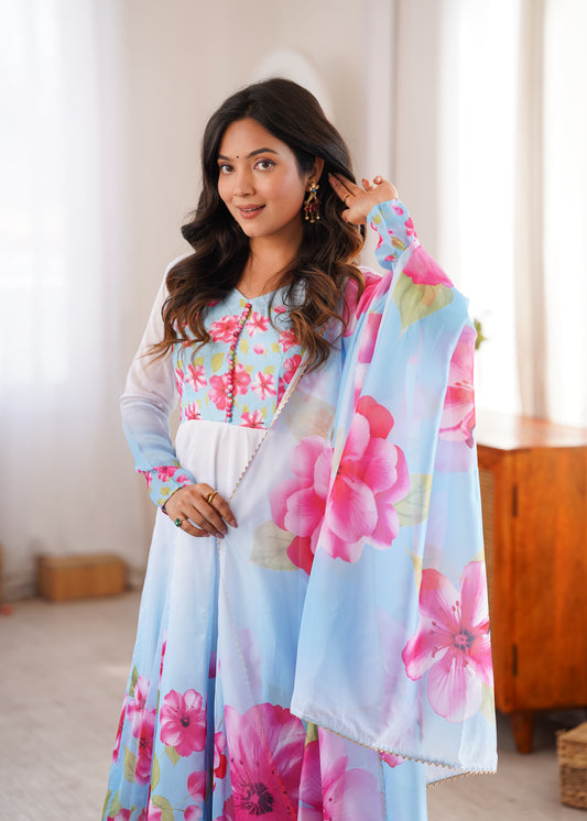 PURE SOFT ORGANJA SILK FABRIC FULLY FLARE KALI PATTERN AND CANVAS PATTA WITH DUPATTA SET,PENT