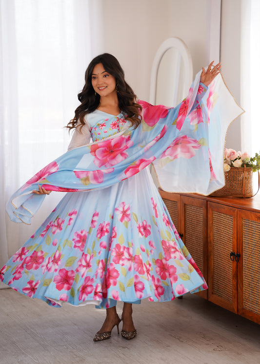 PURE SOFT ORGANJA SILK FABRIC FULLY FLARE KALI PATTERN AND CANVAS PATTA WITH DUPATTA SET,PENT