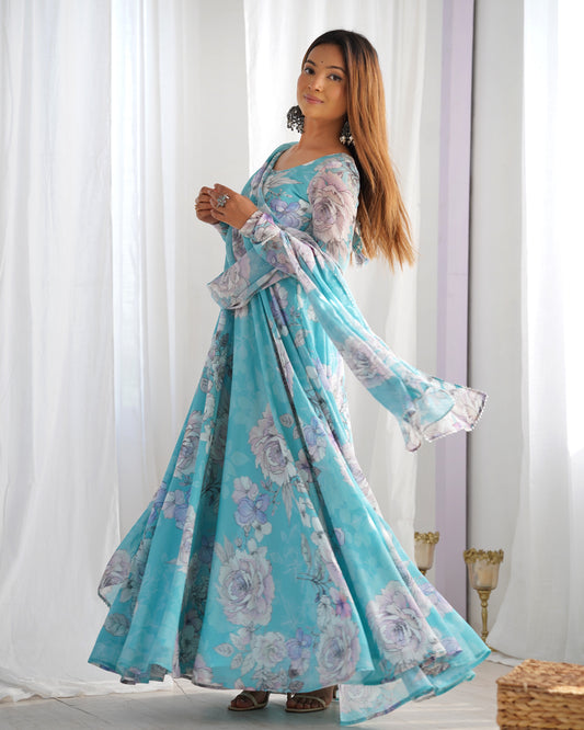 Pure Fox Georgette Floral Print 7+ Meter Flared Anarkali Gown Set with Triangle Lace Shawl Dupatta