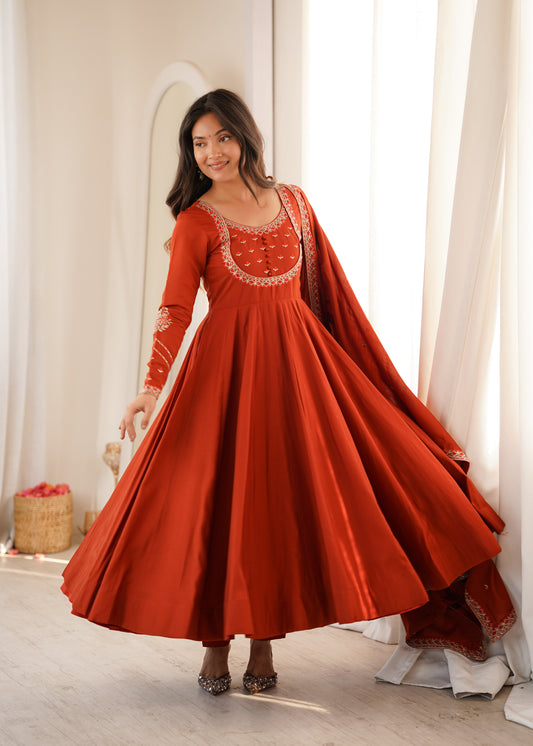PURE ROMAN CHANDERI SILK FABRIC FULLY FLARE ANARKALI,WITH DUPATTA SET,PENT