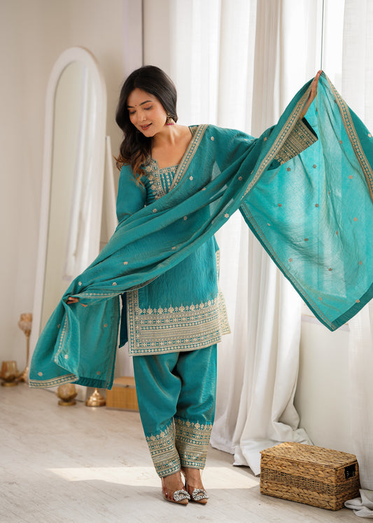 NC VICHITRA SILK FABRIC WITH EMBROIDERY SEQUENCE,DORI AND JARI WORK TOP,DUPPTA SET WITH FARSHI SHALWAR
