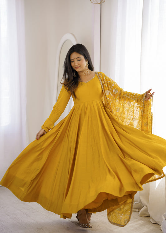 PURE ROMANSILK CHANDERI FABRIC FULLY FLARE ANARKALI,WITH DUPAPTA SET,PENT