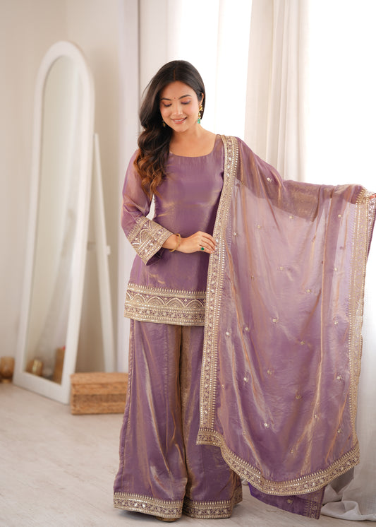 FRENDY SILK FABRIC WITH EMBROIDERY SEQUENCE DORI AND JARI WORK,TOP WITH DUPPTA SET,PALAZZO PENT