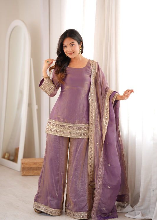 FRENDY SILK FABRIC WITH EMBROIDERY SEQUENCE DORI AND JARI WORK,TOP WITH DUPPTA SET,PALAZZO PENT
