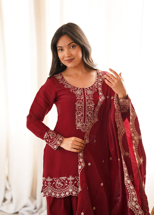 GLASS ROMAN SILK FABRIC WITH EMBROIDERY SEQUENCE AND JARI WORK TOP,DUPPTA SET WITH FARSHI SHALWAR
