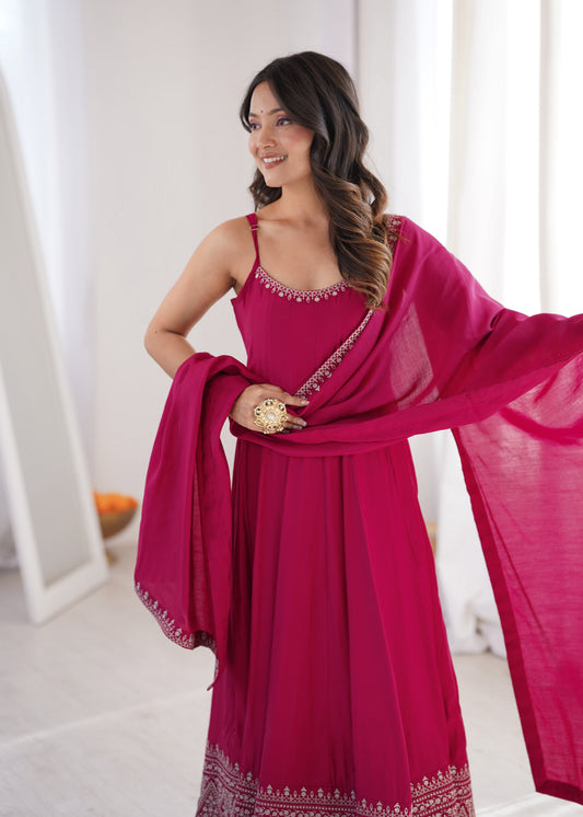 PURE ROMANSILK CHANDERI FABRIC FULLY FLARE ANARKALI,WITH DUPPTA SET,PENT