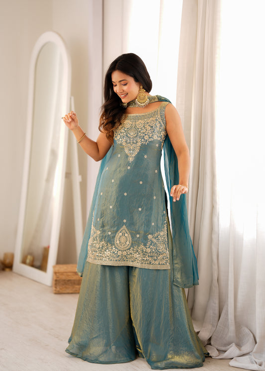 PURE SOFT FENDY SILK FABRIC TOP,SHARARA WITH DUPATTA SET