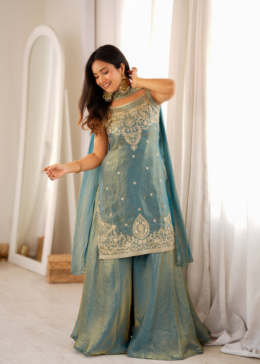 PURE SOFT FENDY SILK FABRIC TOP,SHARARA WITH DUPATTA SET