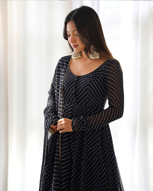 Laheriya Print Georgette Three Piece Black Anarkali Suit Set