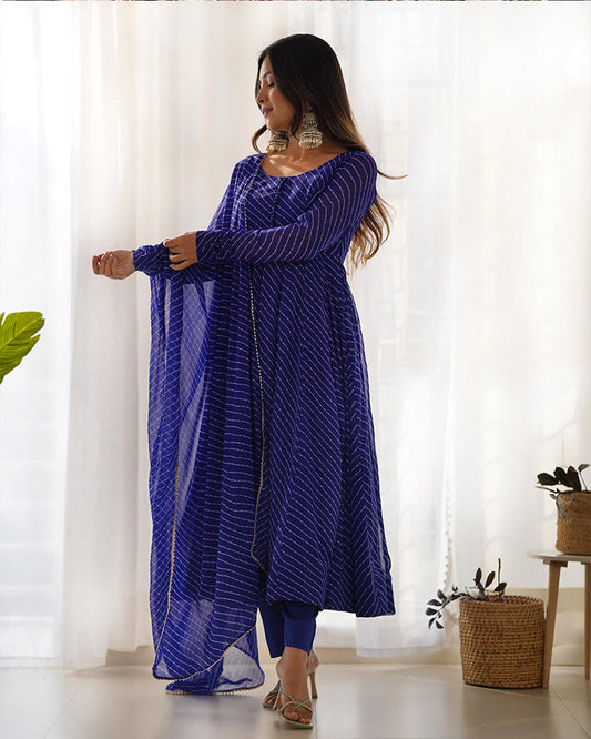 Laheriya Print Georgette Three Piece Royal Blue Anarkali Suit Set